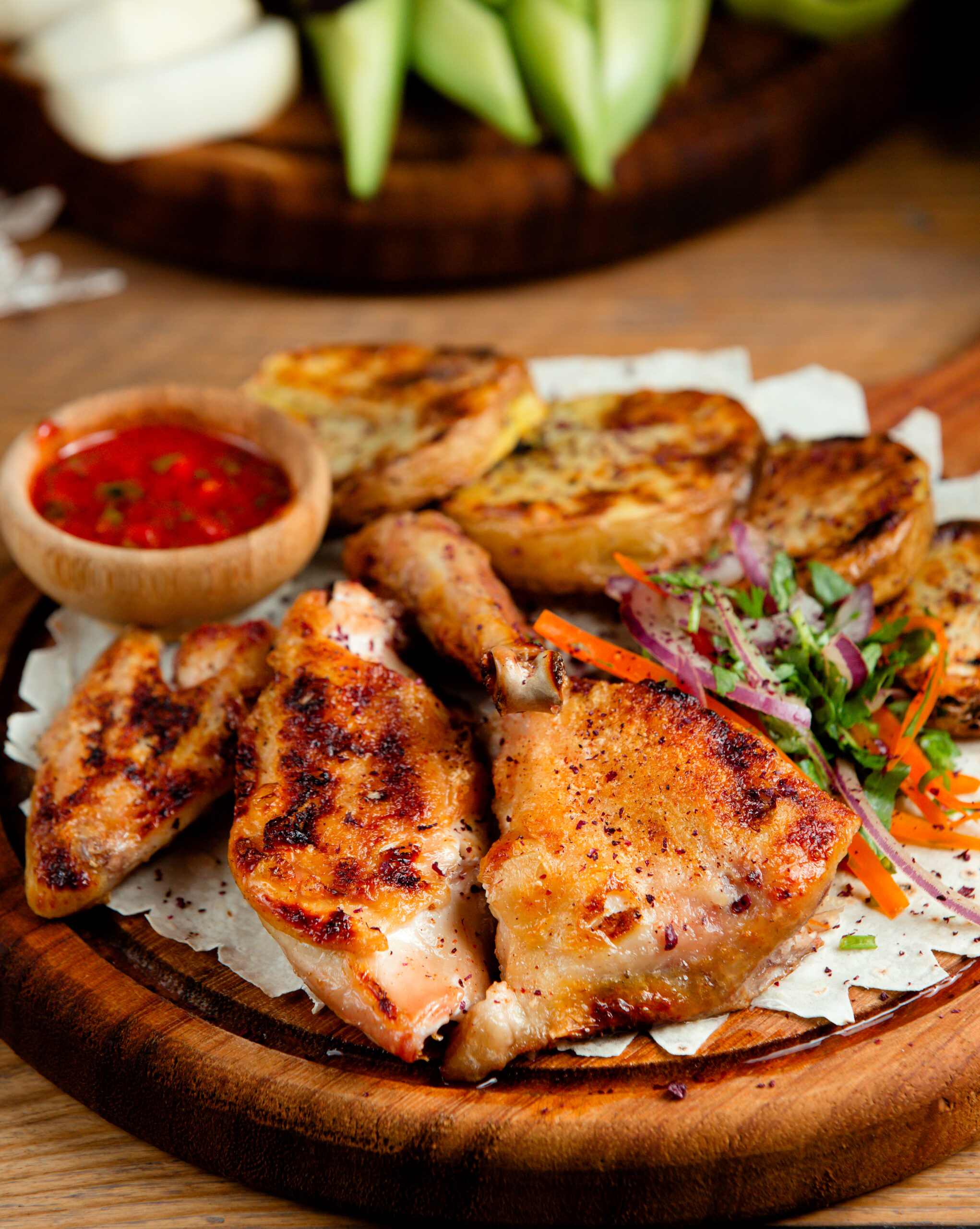 fried chicken with potatoes on the table